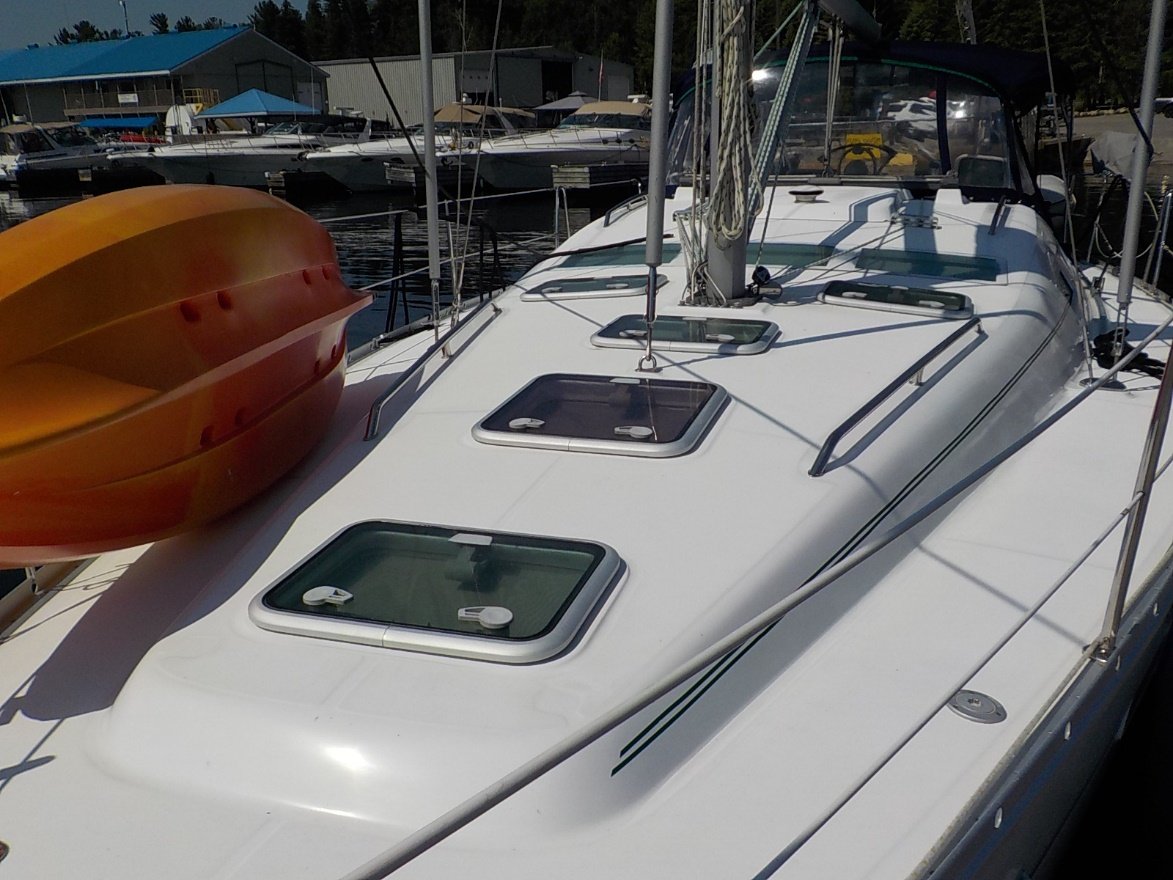Deck view of sailboat in water
